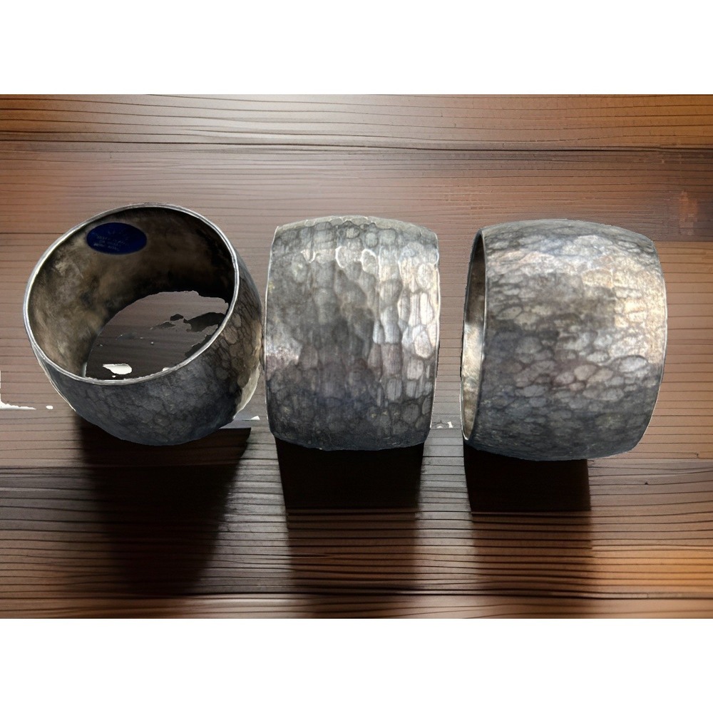 3 Hammered Silver Plated Brass Napkin Rings Hong Kong Decor Vintage Patina